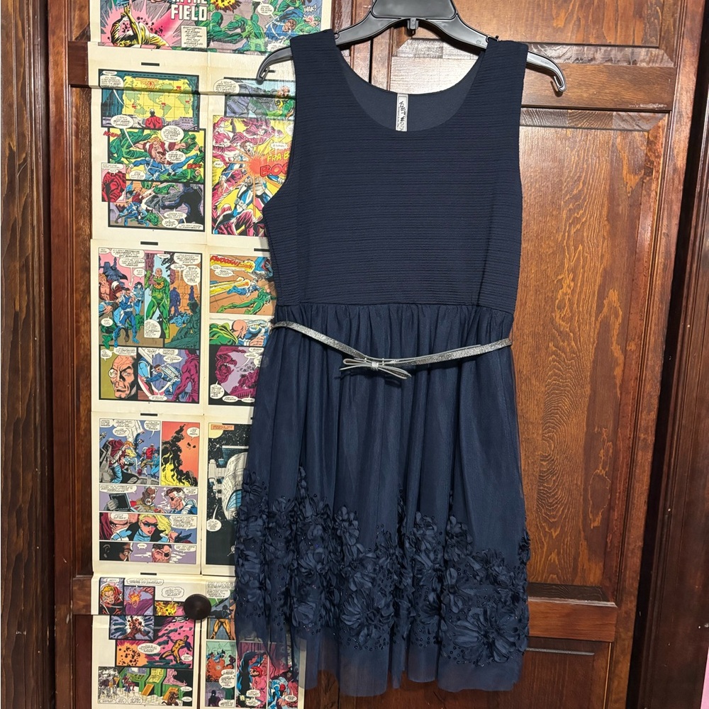 Knitworks Navy Blue Kids Dress with Floral Detail